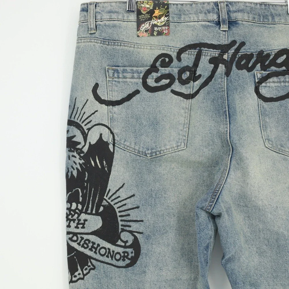 Ed Hardy Jeans Death Before Tattoo Distressed Graphic Denim Slim Fit Size 42‎